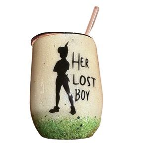 Peter Pan Glitter "Her Lost Boy" Wine Tumbler w/ Straw 10 Oz